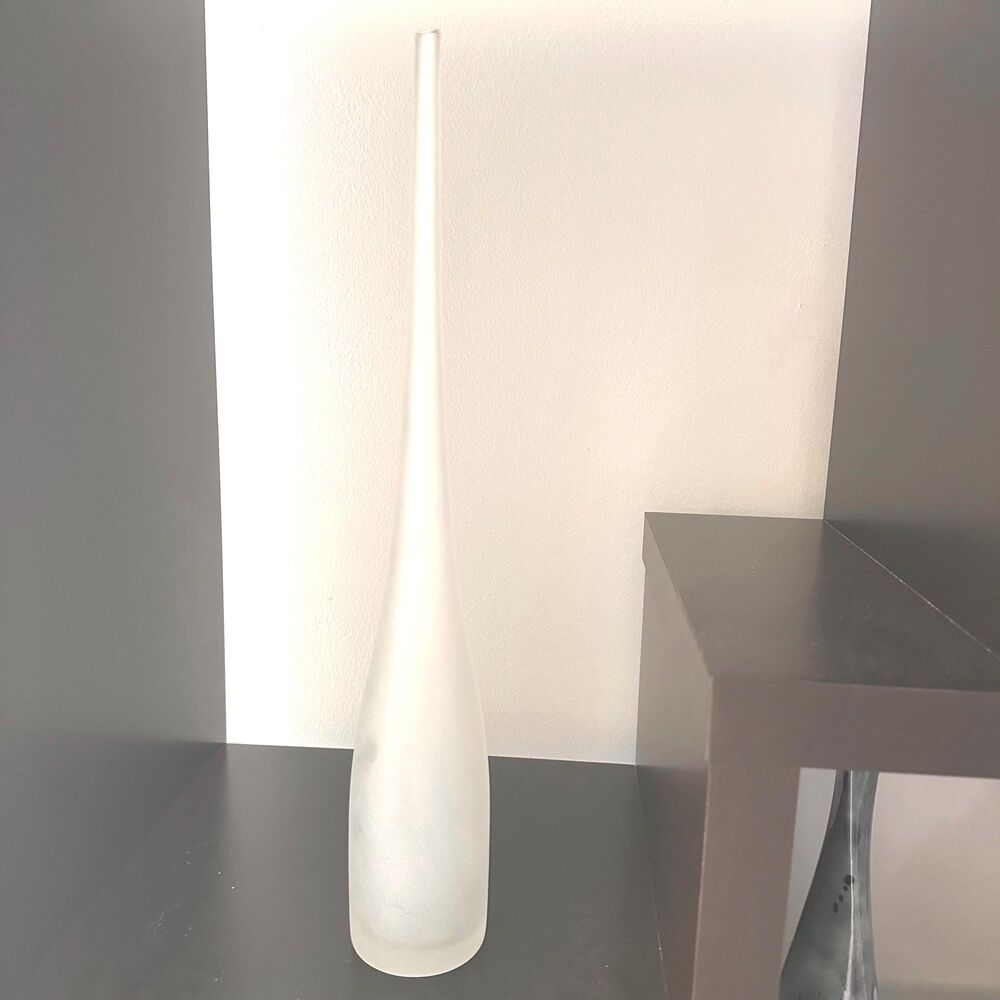 Frosted Glass Spire Bottle Vase Hand Blown Mid Century Modern Long Neck 16 Inch - Picture 3 of 16
